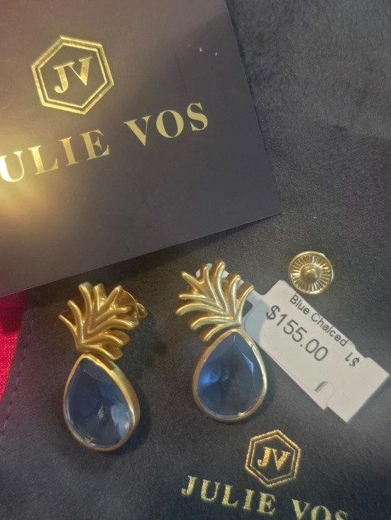 Julie Vos Gold Pineapple Earrings with Light Blue Teardrops - Picture 4 of 5